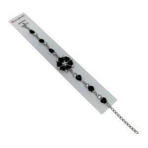 Charming‎ Charlie Bracelet - Silver Plated Chain with Heart & Round Black Stones